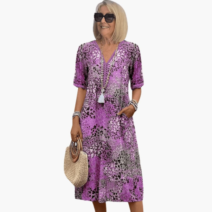 Women's Printed V-Neck Short Sleeves Midi Dress