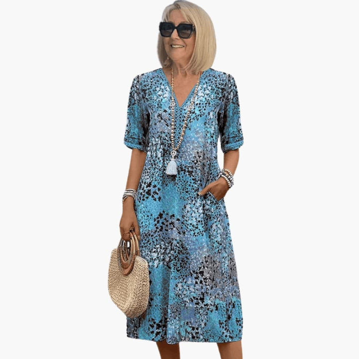 Women's Printed V-Neck Short Sleeves Midi Dress