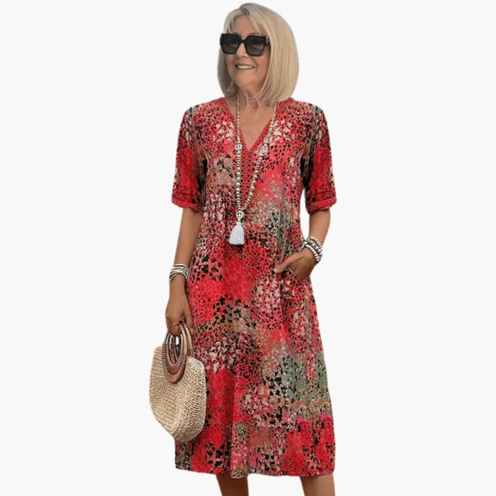 Women's Printed V-Neck Short Sleeves Midi Dress