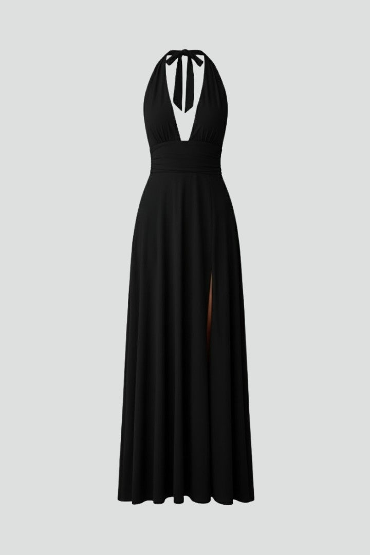 Women's Prom Deep V-Neck Halter Slit Maxi Dress