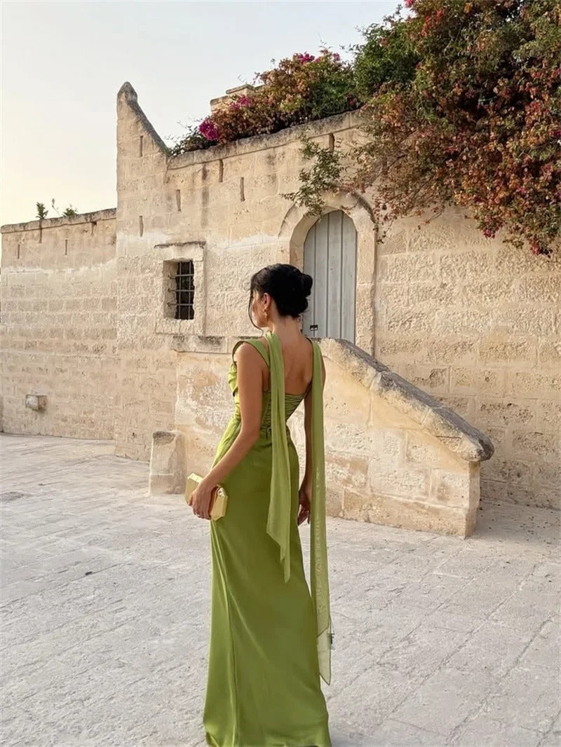 Women's Prom Night Sleeveless Ruched Cowl Neck Maxi Dress