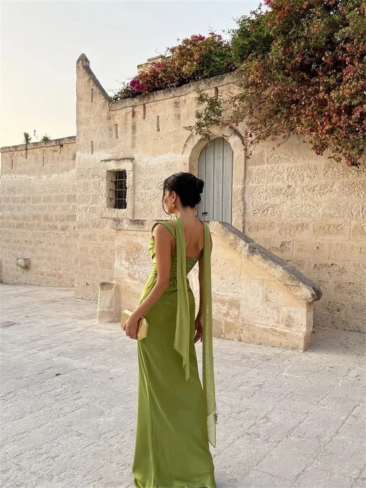 Women's Prom Night Sleeveless Ruched Cowl Neck Maxi Dress