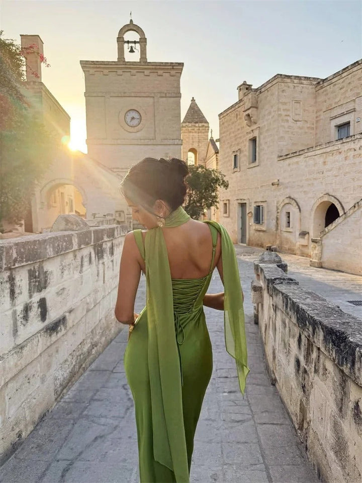 Women's Prom Night Sleeveless Ruched Cowl Neck Maxi Dress