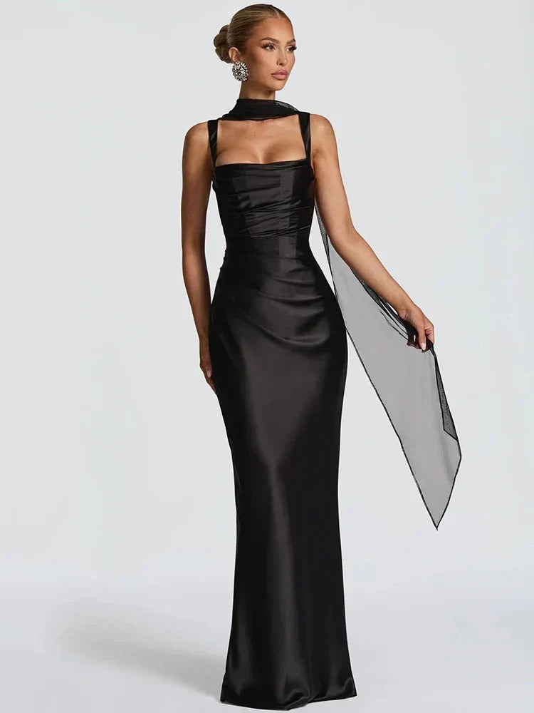 Women's Prom Night Sleeveless Ruched Cowl Neck Maxi Dress
