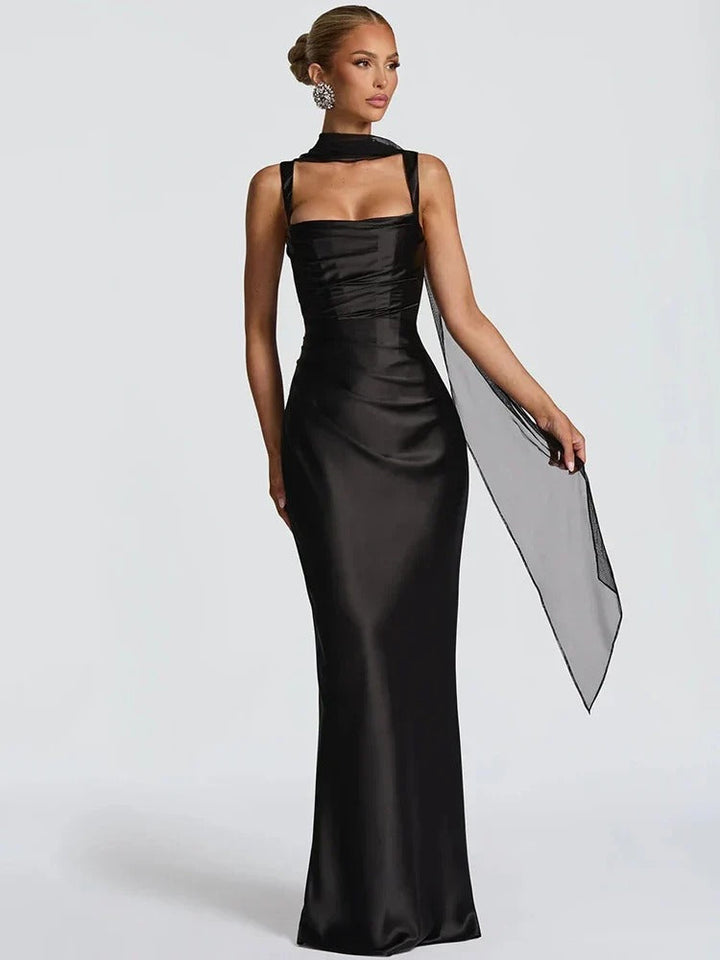 Women's Prom Night Sleeveless Ruched Cowl Neck Maxi Dress