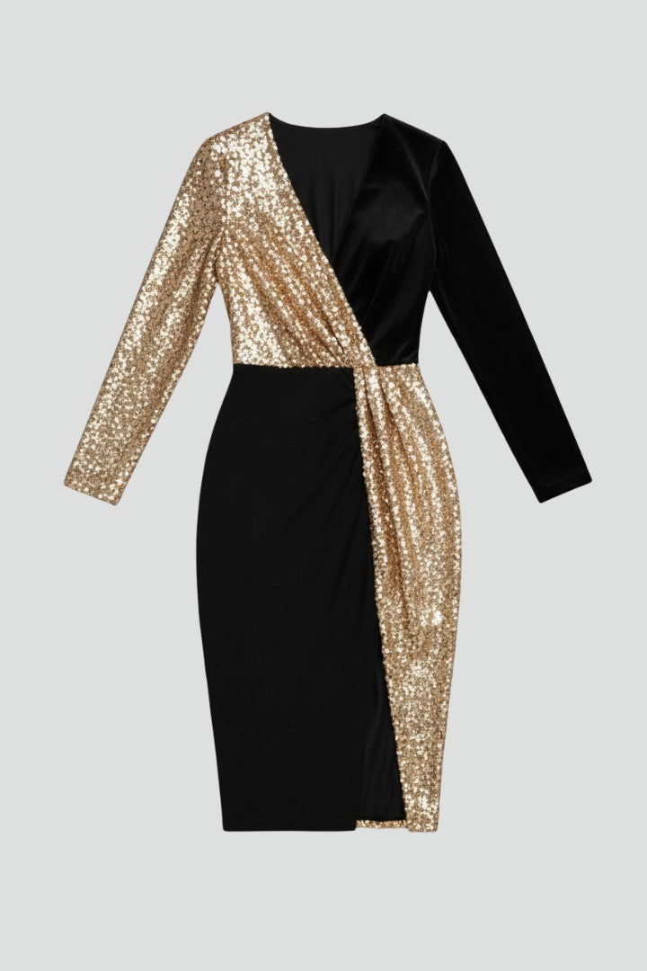 Women's Prom Sequin Colorblock Wrap Slit Midi Dress