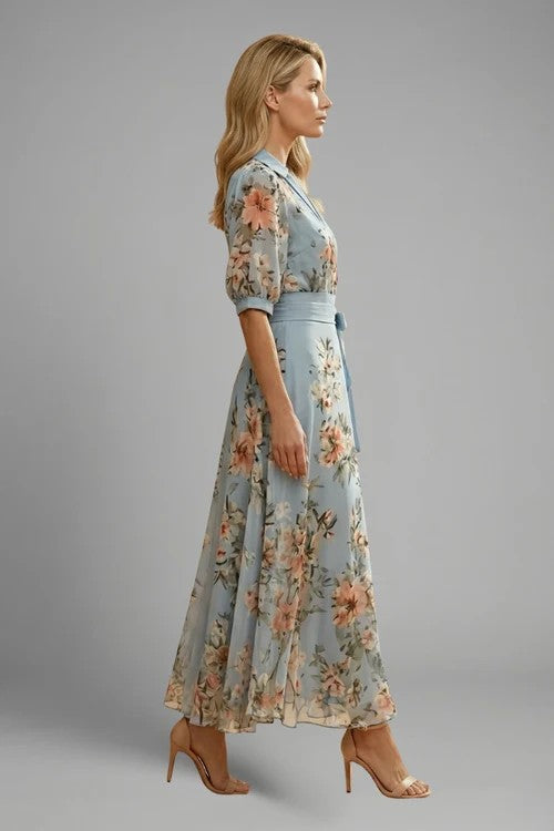 Women's Summer Wedding Guest Floral V-Neck Wrap Maxi Dress