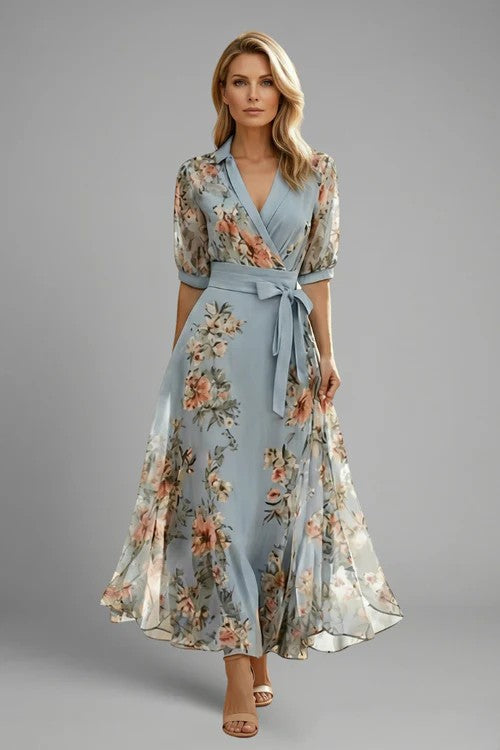 Women's Summer Wedding Guest Floral V-Neck Wrap Maxi Dress