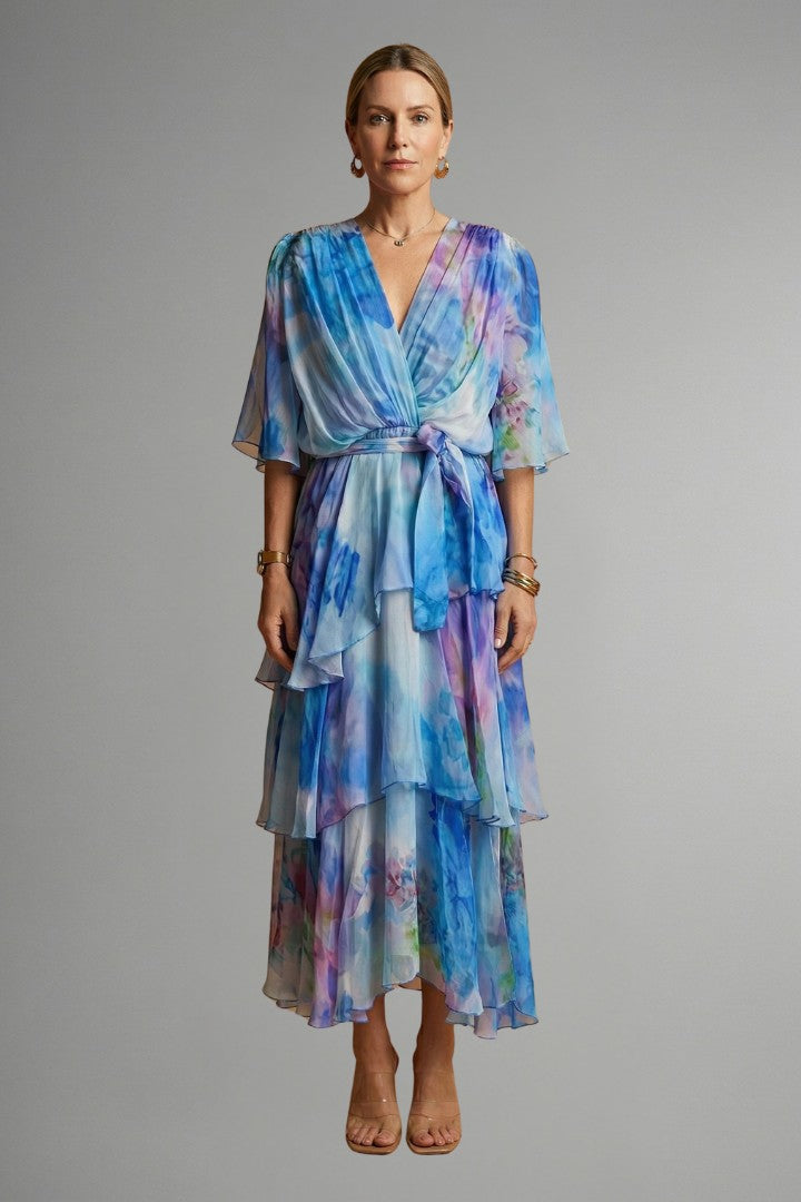 Women's Summer Wedding Guest Floral Tiered Wrap Maxi Dress