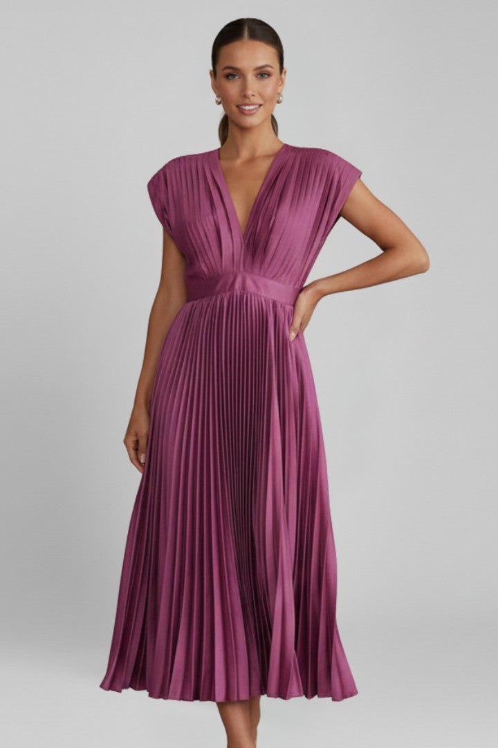 Women's Wedding Guest Belted Pleated V-Neck Maxi Dress