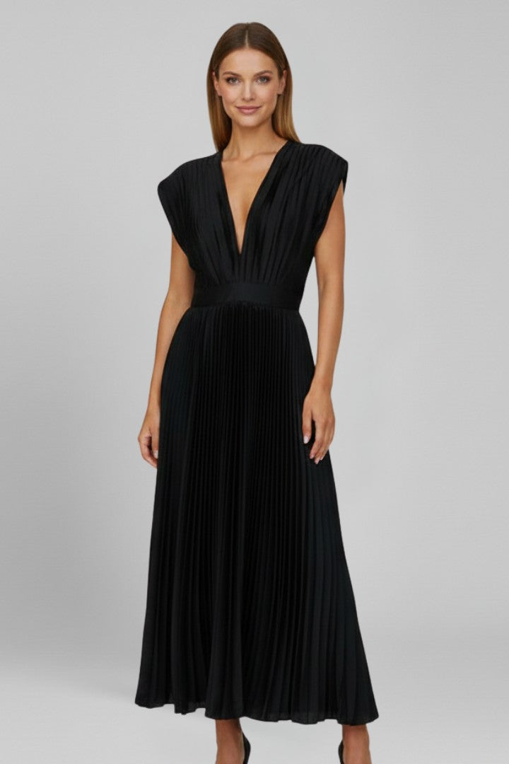 Women's Wedding Guest Belted Pleated V-Neck Maxi Dress
