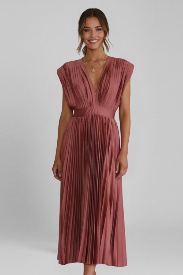 Women's Wedding Guest Belted Pleated V-Neck Maxi Dress
