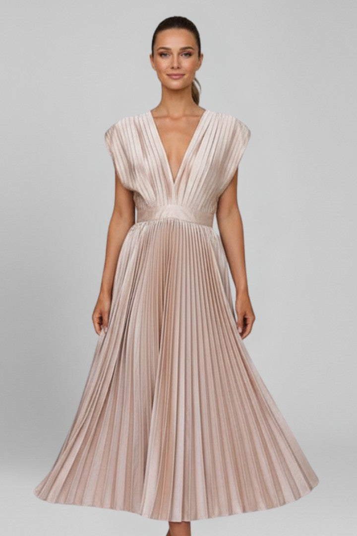 Women's Wedding Guest Belted Pleated V-Neck Maxi Dress