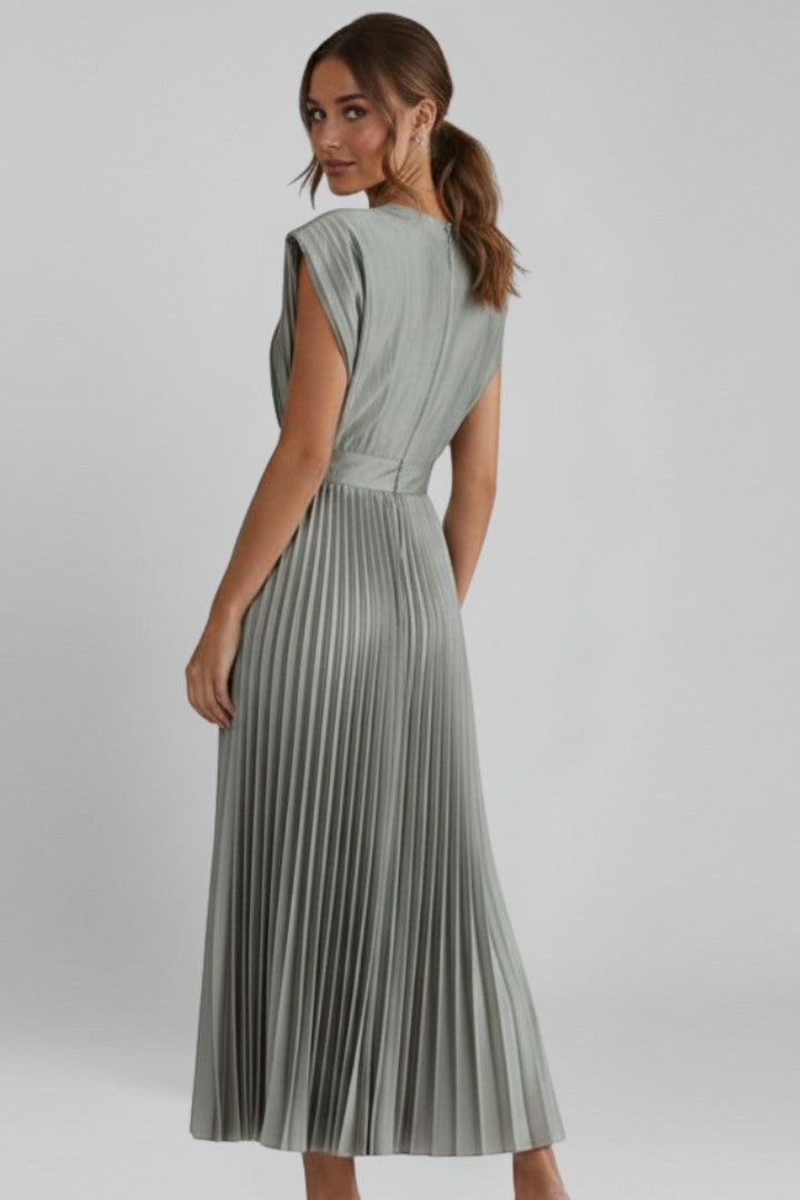 Women's Wedding Guest Belted Pleated V-Neck Maxi Dress