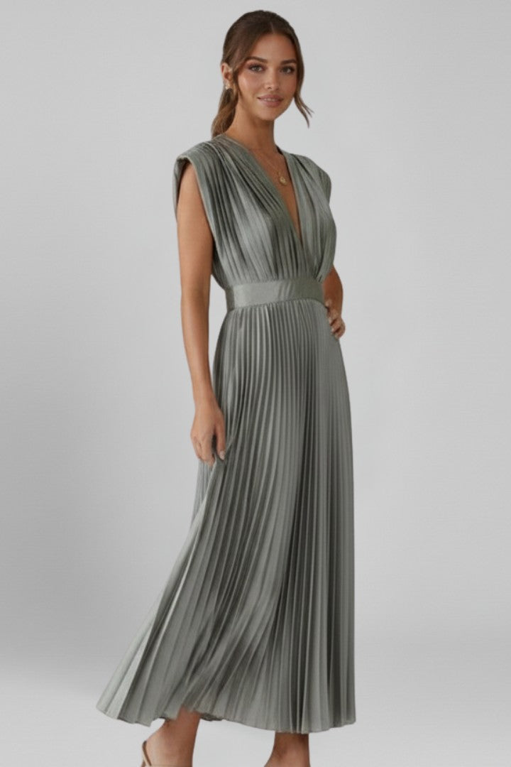 Women's Wedding Guest Belted Pleated V-Neck Maxi Dress