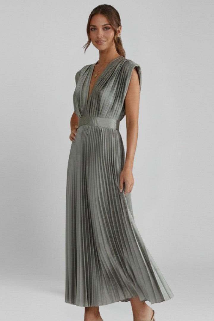 Women's Wedding Guest Belted Pleated V-Neck Maxi Dress