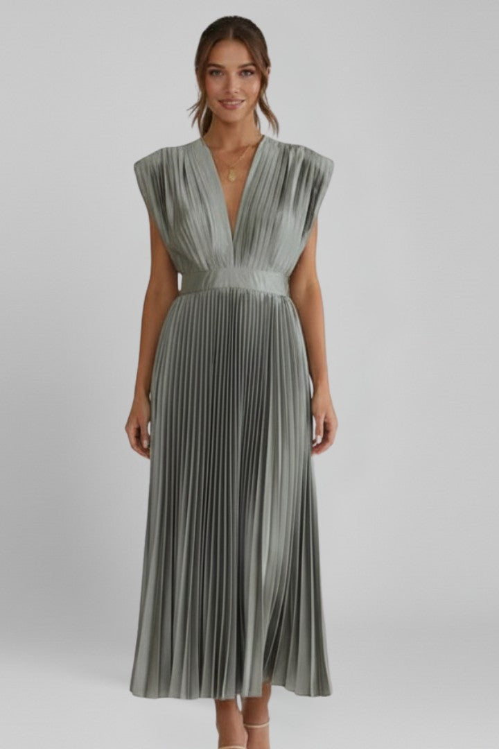 Women's Wedding Guest Belted Pleated V-Neck Maxi Dress