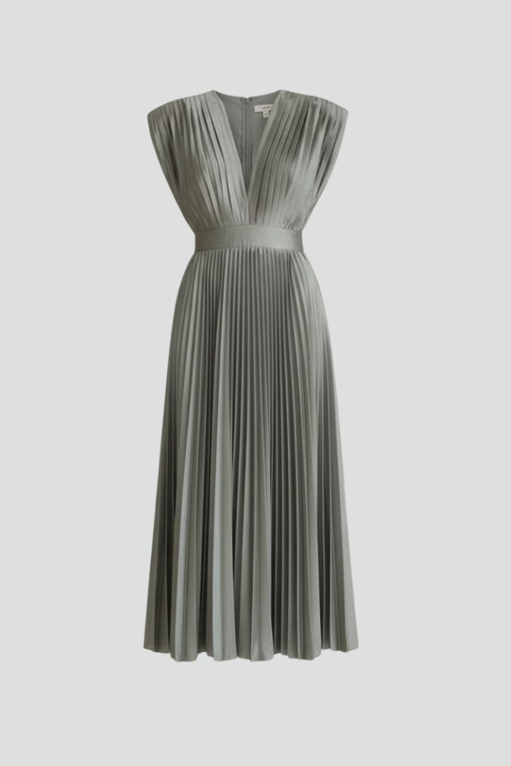 Women's Wedding Guest Belted Pleated V-Neck Maxi Dress