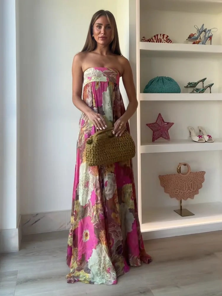 Women's Wedding Guest Floral Print Strapless Maxi Dress