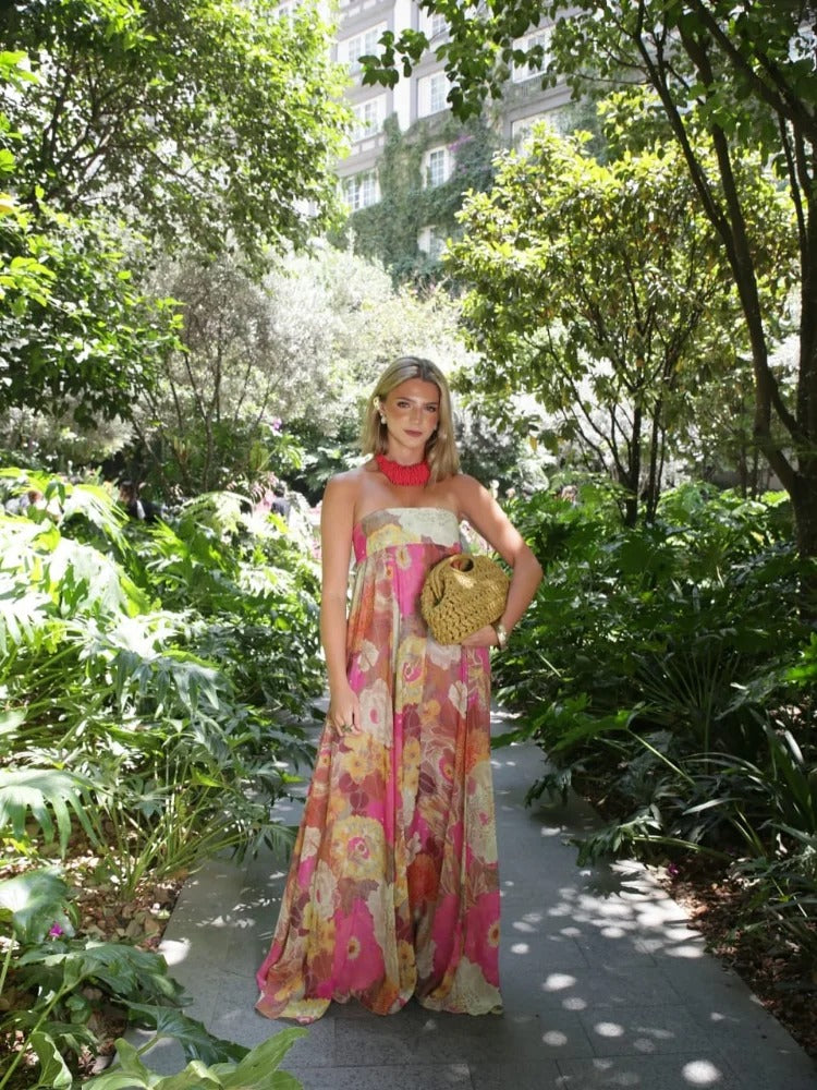 Women's Wedding Guest Floral Print Strapless Maxi Dress