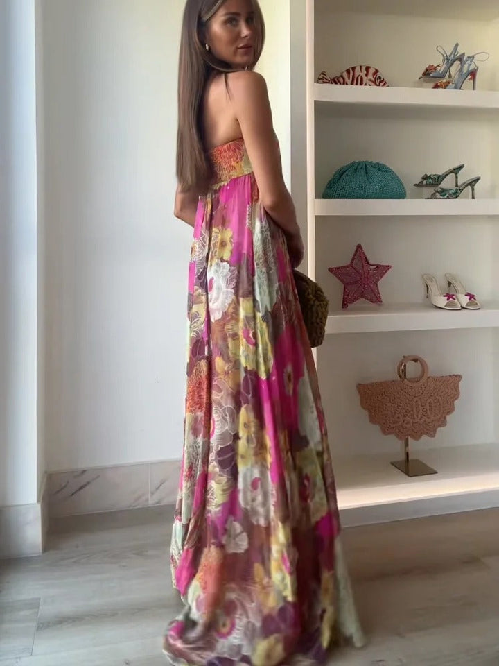 Women's Wedding Guest Floral Print Strapless Maxi Dress