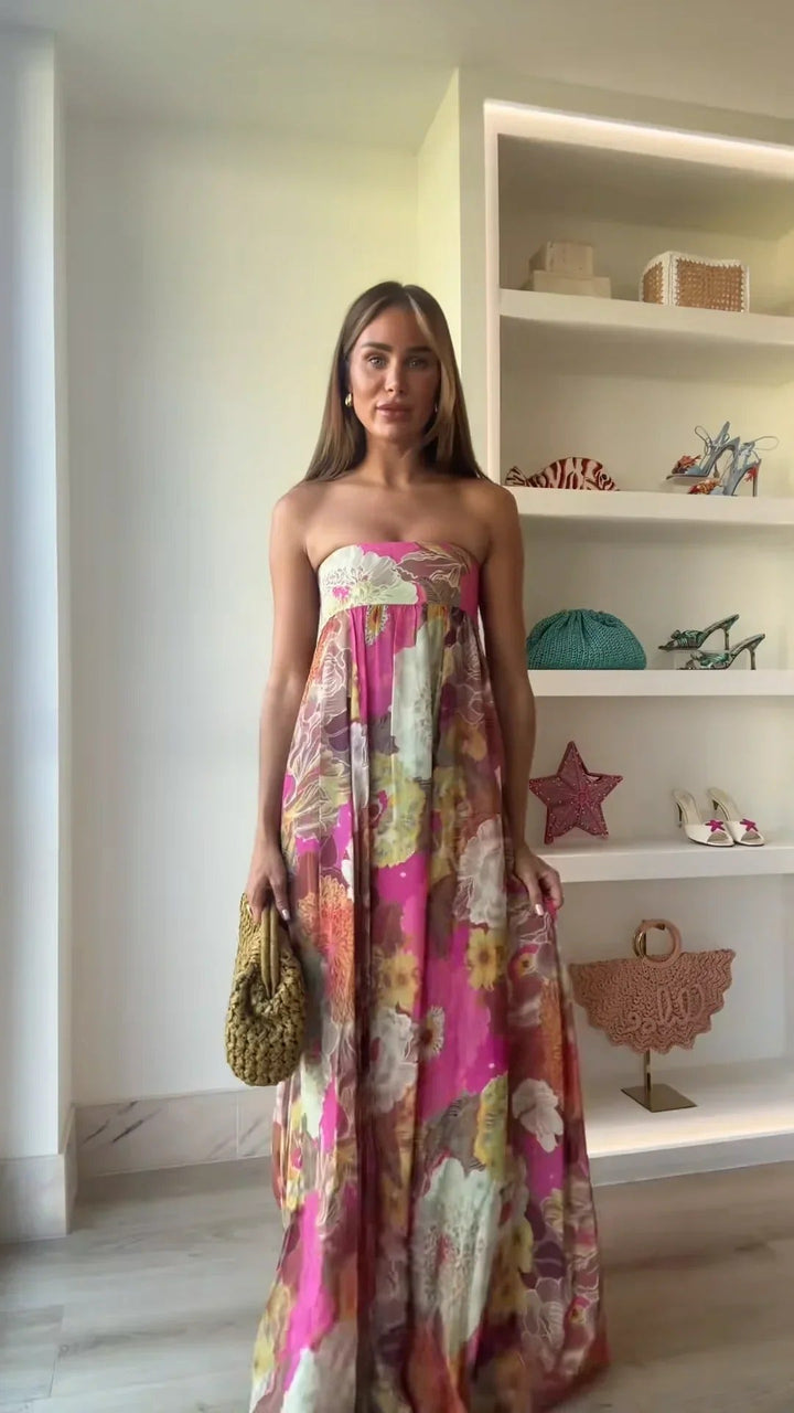 Women's Wedding Guest Floral Print Strapless Maxi Dress
