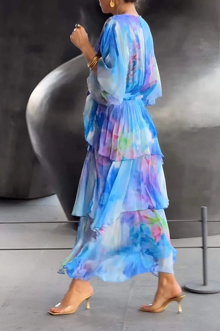Women's Wedding Guest Floral Tiered V-Neck Maxi Dress