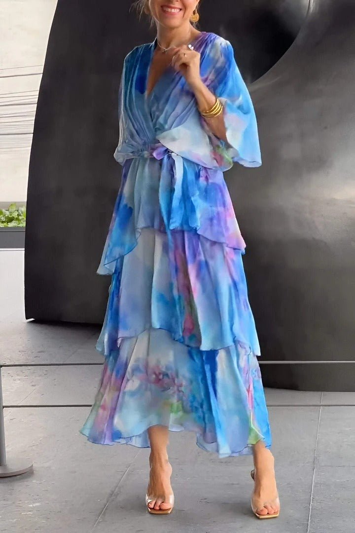 Women's Wedding Guest Floral Tiered V-Neck Maxi Dress