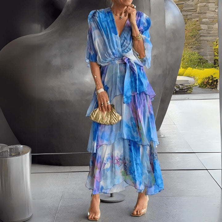 Women's Wedding Guest Floral Tiered V-Neck Maxi Dress