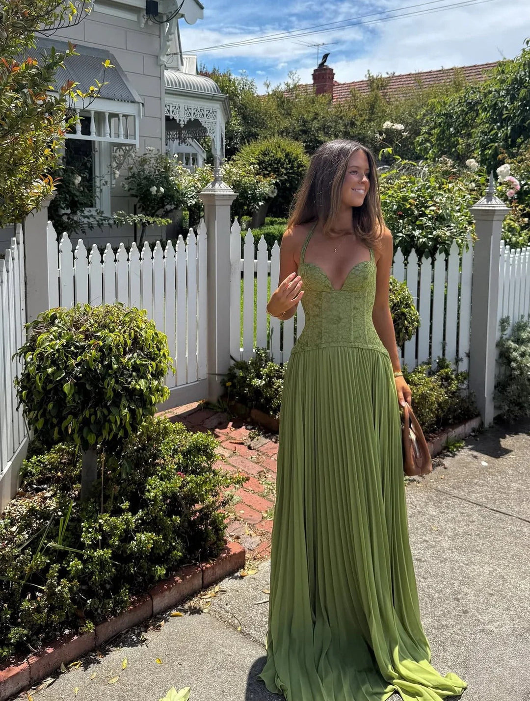 Women's Wedding Guest Pleated Corset Maxi Dress
