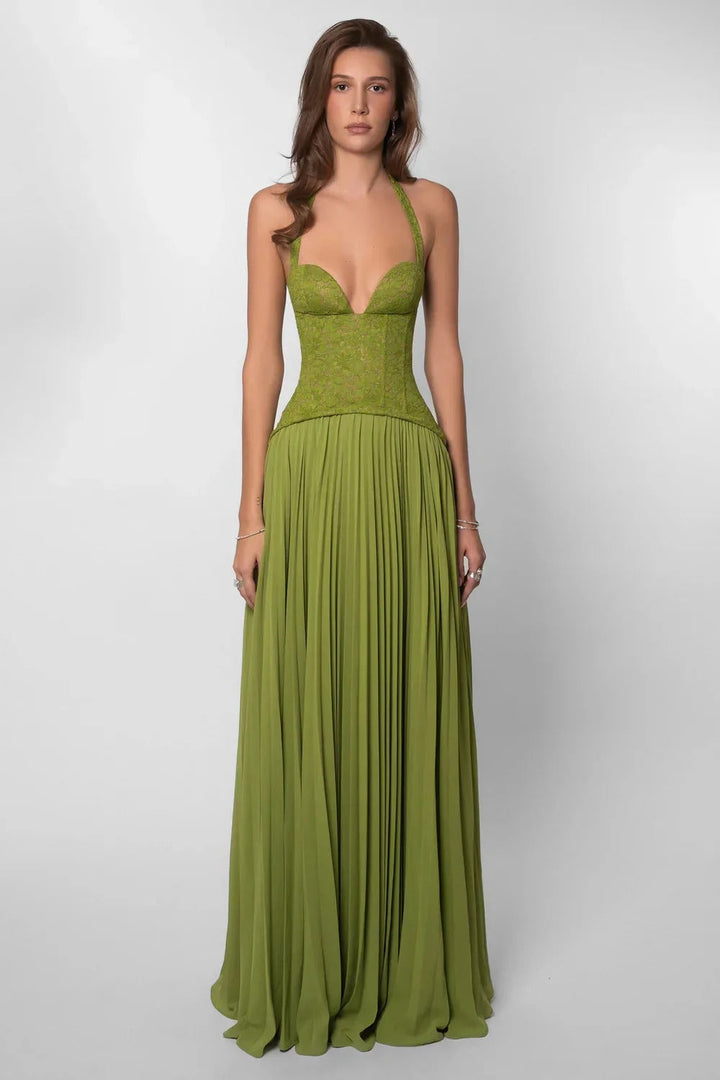 Women's Wedding Guest Pleated Corset Maxi Dress