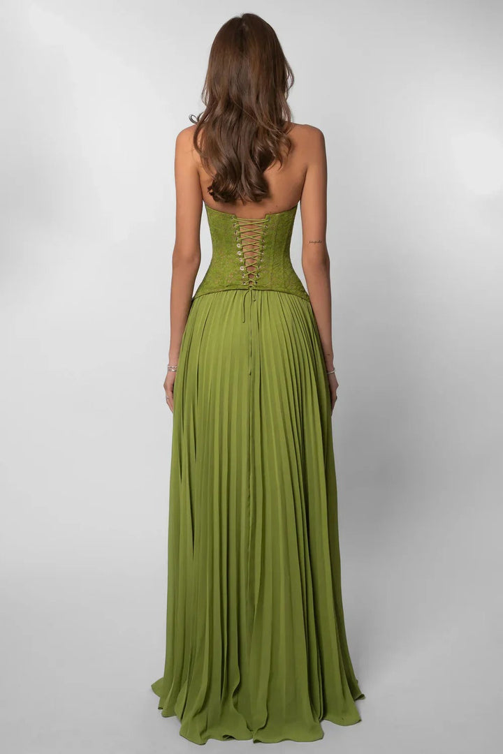 Women's Wedding Guest Pleated Corset Maxi Dress