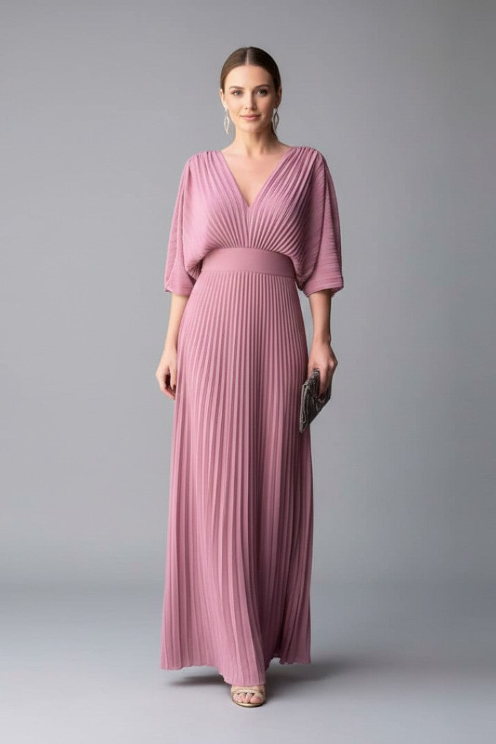 Women's Wedding Guest Pleated V-Neck Maxi Dress