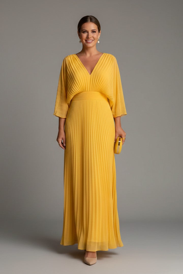 Women's Wedding Guest Pleated V-Neck Maxi Dress