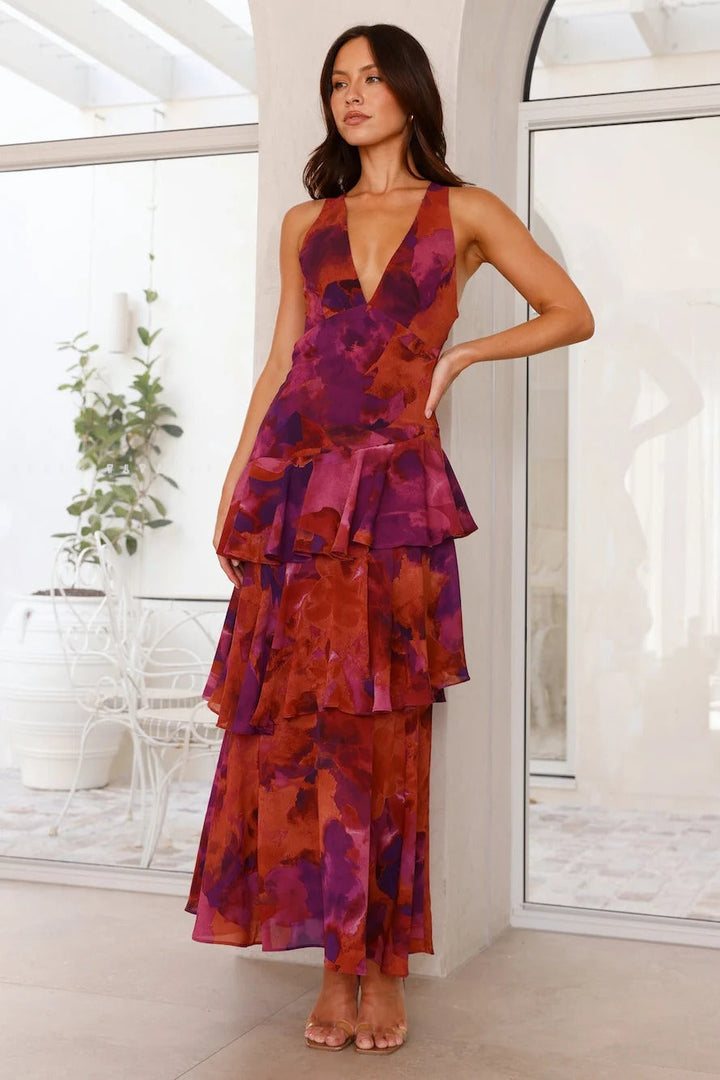 Women's Wedding Guest Printed V Neck Ruffle Tiered Maxi Dress