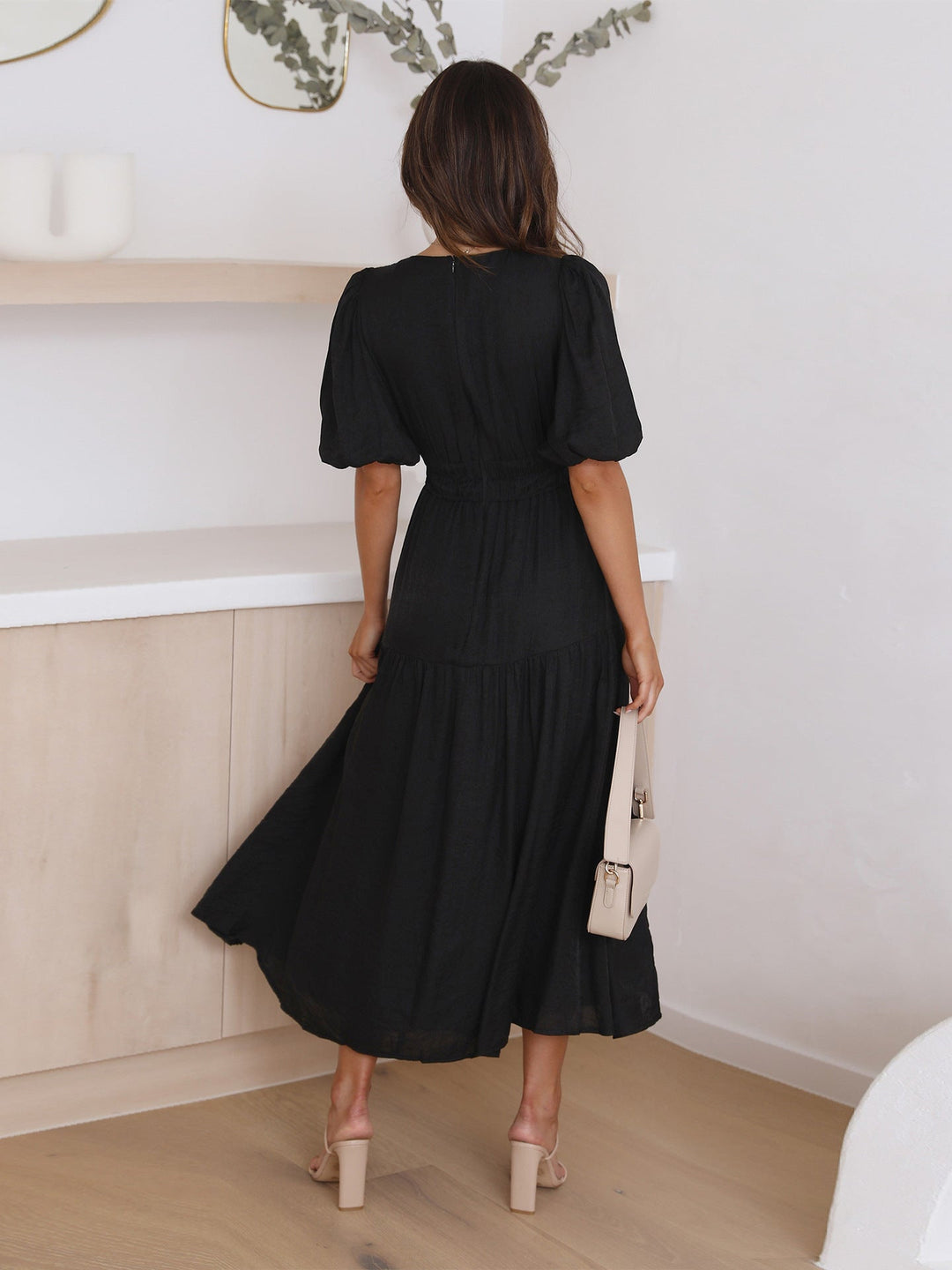 Women's Wedding Guest Puff Sleeve V-Neck Midi Dress