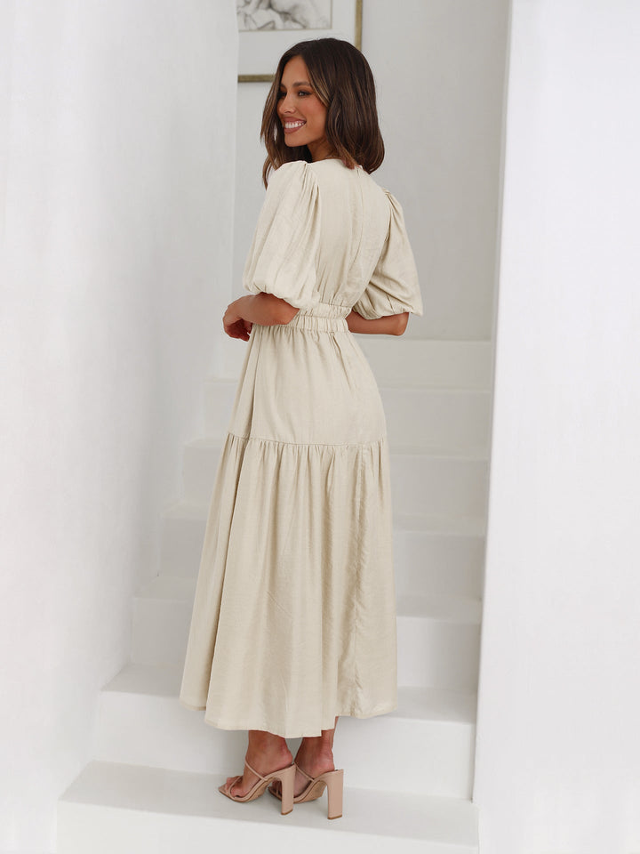 Women's Wedding Guest Puff Sleeve V-Neck Midi Dress
