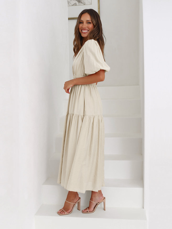 Women's Wedding Guest Puff Sleeve V-Neck Midi Dress