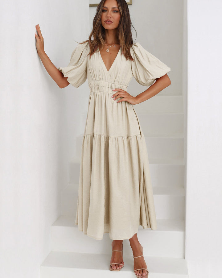 Women's Wedding Guest Puff Sleeve V-Neck Midi Dress