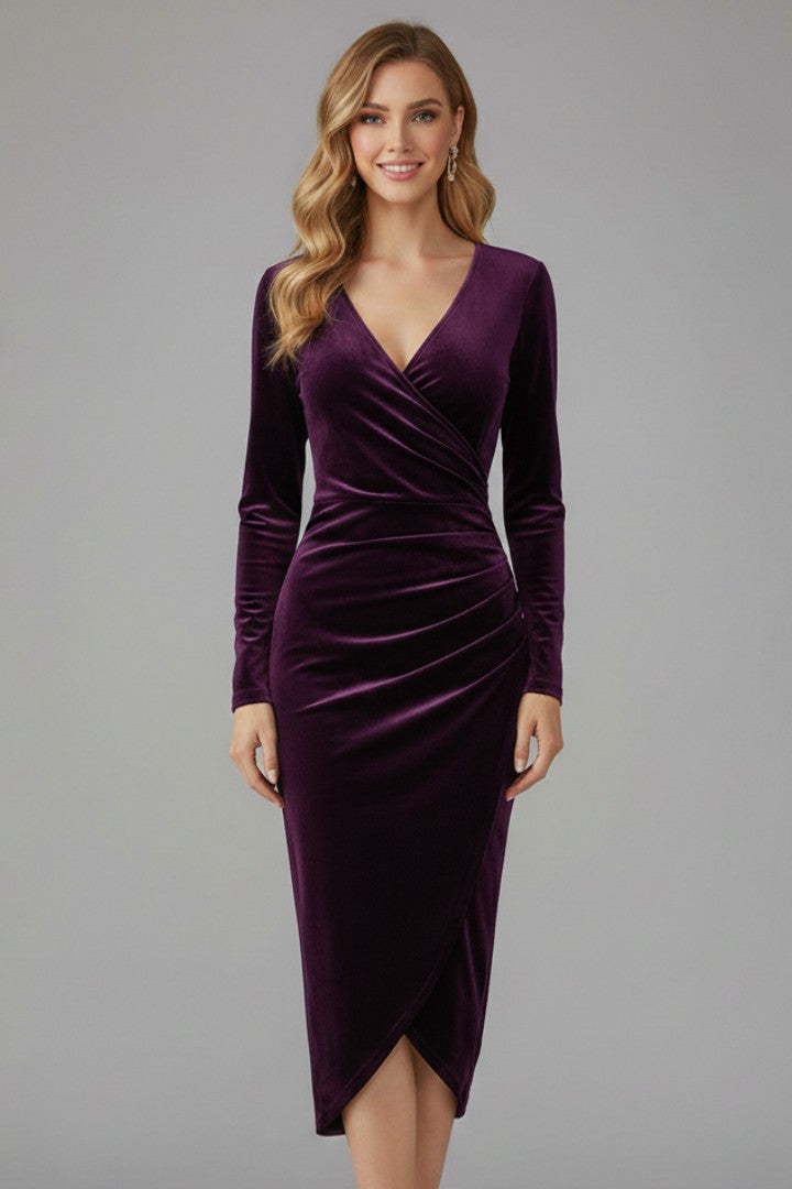Women's Wedding Guest Ruched Long Sleeve V-Neck Midi Dress