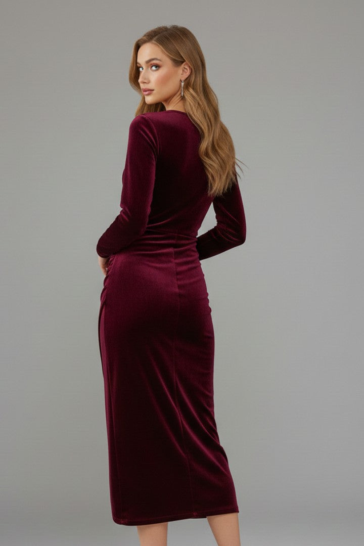 Women's Wedding Guest Ruched Long Sleeve V-Neck Midi Dress