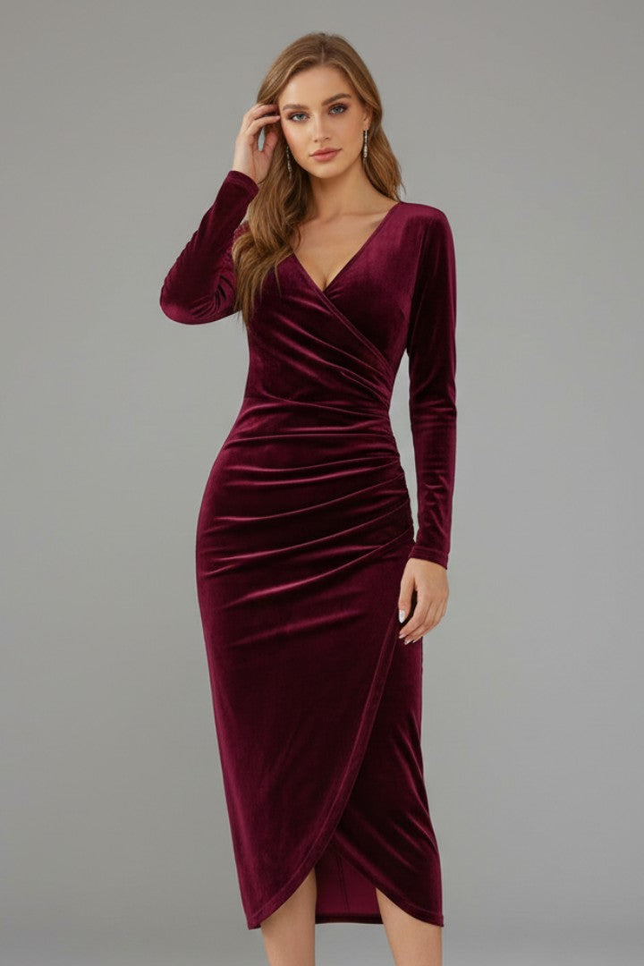 Women's Wedding Guest Ruched Long Sleeve V-Neck Midi Dress