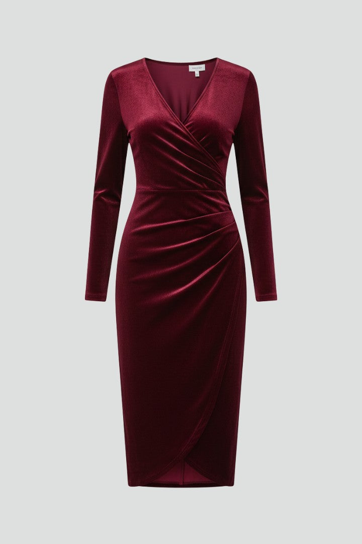 Women's Wedding Guest Ruched Long Sleeve V-Neck Midi Dress