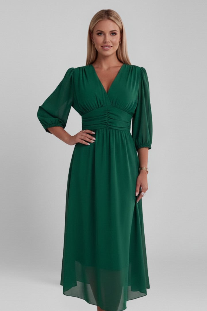 Women's Wedding Guest Ruched Waist V-Neck Maxi Dress