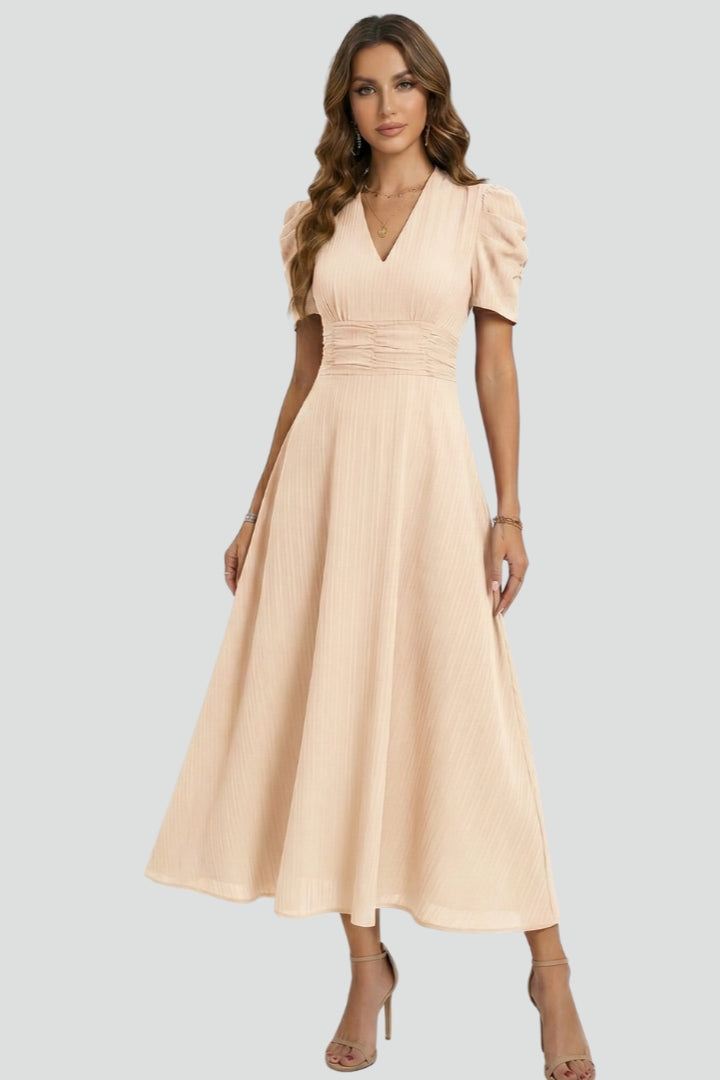 Women's Wedding Guest Ruched Waist V-Neck Midi Dress