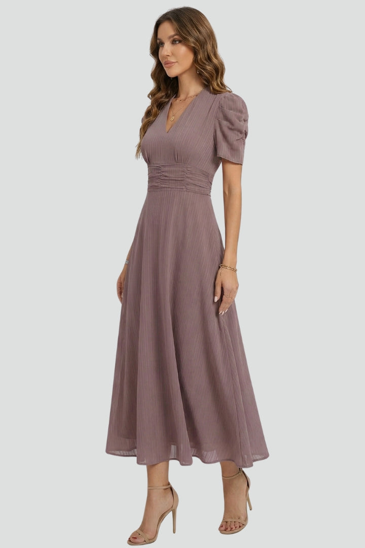 Women's Wedding Guest Ruched Waist V-Neck Midi Dress