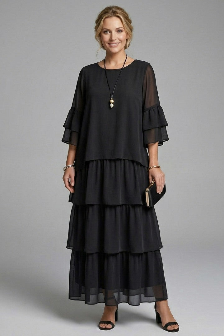 Women's Wedding Guest Tiered Ruffle Sleeve Maxi Dress