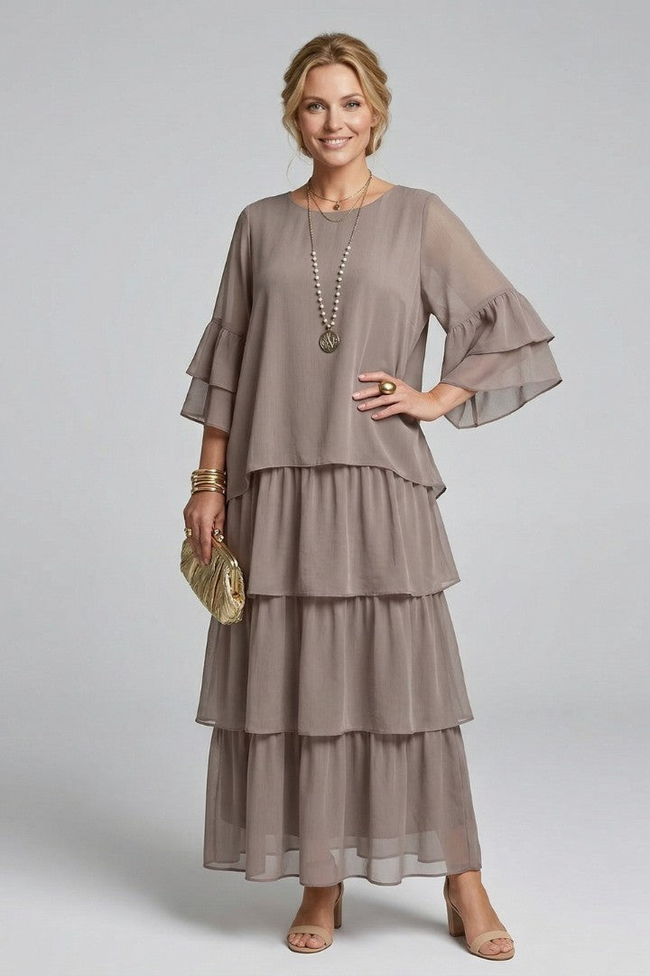 Women's Wedding Guest Tiered Ruffle Sleeve Maxi Dress
