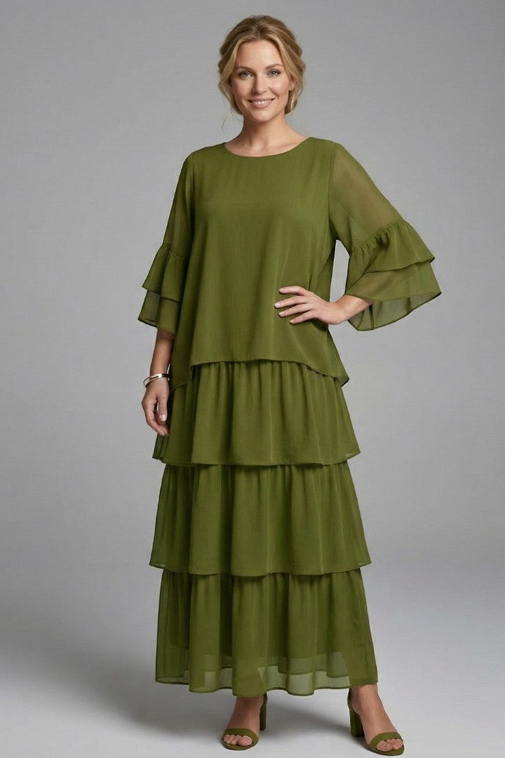 Women's Wedding Guest Tiered Ruffle Sleeve Maxi Dress
