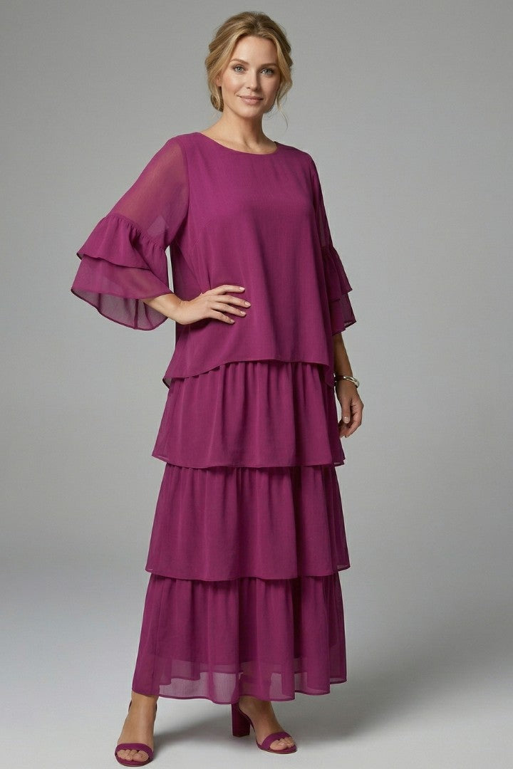 Women's Wedding Guest Tiered Ruffle Sleeve Maxi Dress